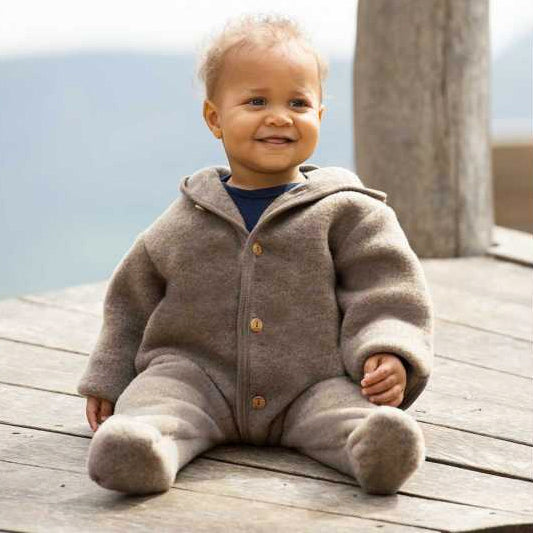 Hooded Baby Overall in Organic Wool Fleece - Sand (0-24m)