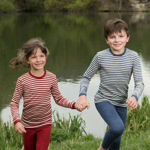 Child's Long Sleeve Top 100% Merino in Blue or Red Stripe (1-12yrs)